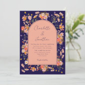 Invitation Boho Floral Arch Mariage de automne bleu marine (Debout devant)
