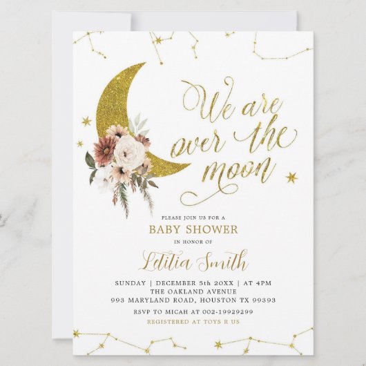 Invitation Boho Floral au-dessus de la lune Baby shower Invit (Devant)