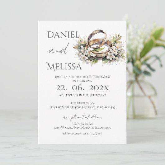 Invitation Boho Floral avec alliance de Mariage  (Debout devant)