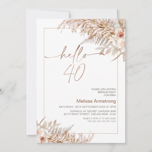 Invitation Boho Floral avec cadre Pampas 40e anniversaire (Devant)