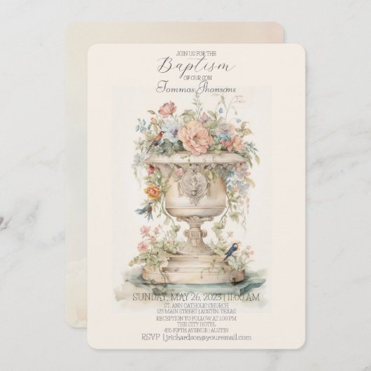 Invitation Boho Floral Baptism (Devant / Derrière)