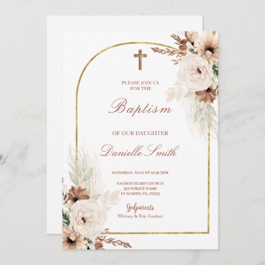 Invitation Boho Floral Baptism (Devant / Derrière)