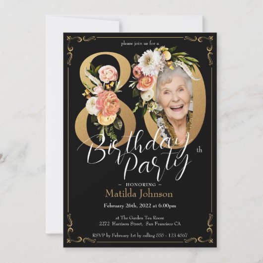 Invitation Boho Floral Black Gold Photo 80th Birthday Party (Devant)
