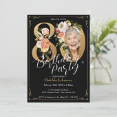 Invitation Boho Floral Black Gold Photo 80th Birthday Party (Debout devant)