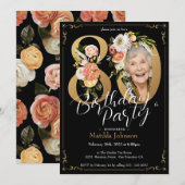 Invitation Boho Floral Black Gold Photo 80th Birthday Party (Devant / Derrière)