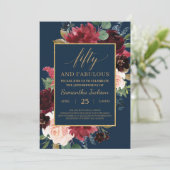 Invitation Boho floral bleu bordeaux de marine 50e anniversai (Debout devant)