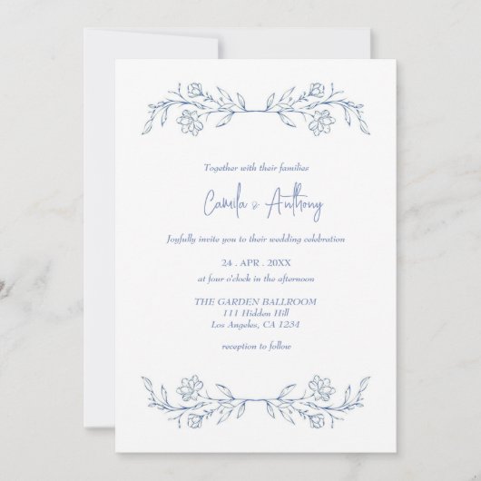 Invitation Boho floral bleu Haut Mariage frontalier (Devant)
