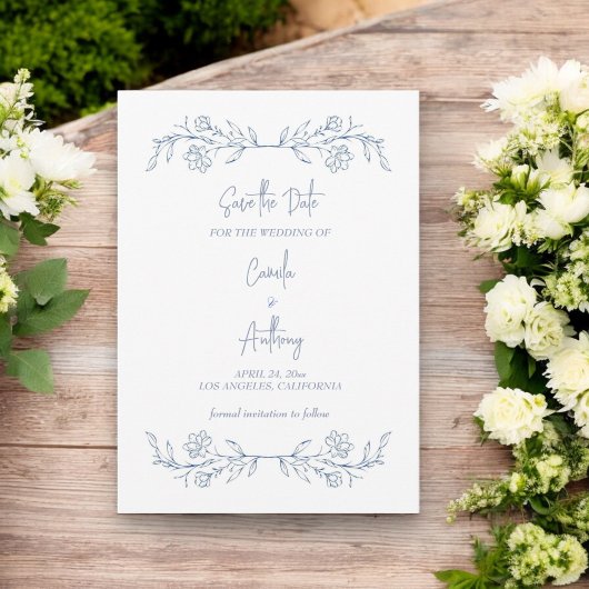 Invitation Boho floral bleu Haut Mariage frontalier