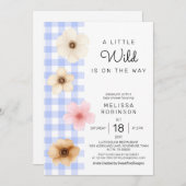 Invitation Boho Floral Blossom Bleu En vichy bébé garçon douc (Devant / Derrière)