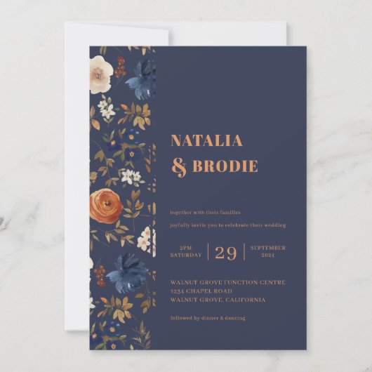 Invitation Boho Floral Blue Rust Mariage (Devant)