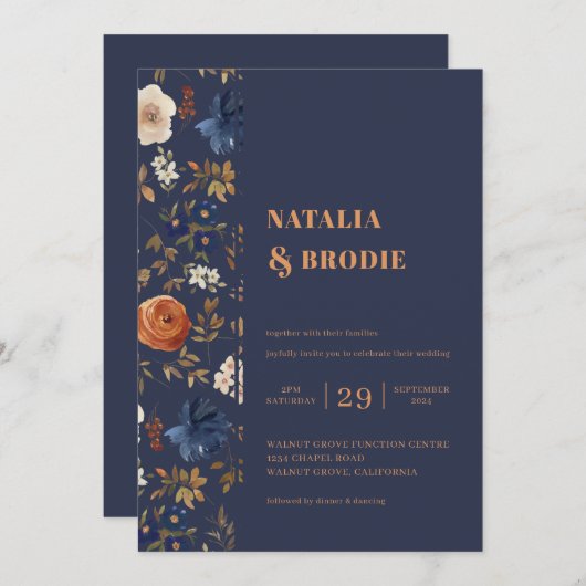Invitation Boho Floral Blue Rust Mariage (Devant / Derrière)