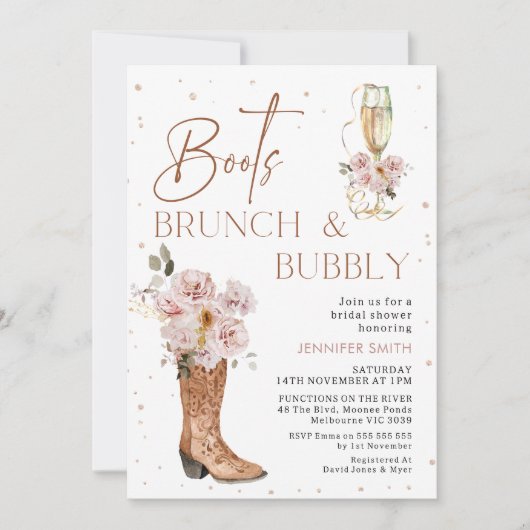 Invitation Boho Floral Boot Boot Brunch Bubble Fête des marié (Devant)