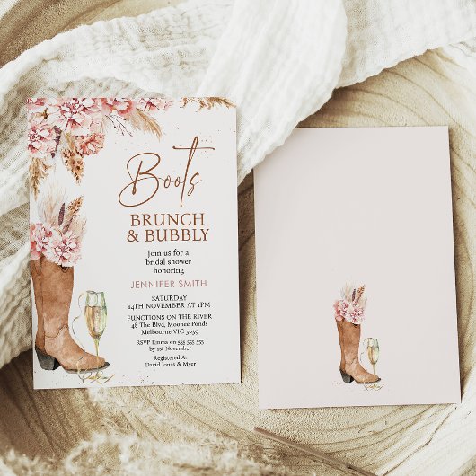 Invitation Boho Floral Boots Brunch Bubbly Fête des mariées