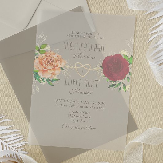 Invitation Boho Floral Bourgogne Acrylique Mariage