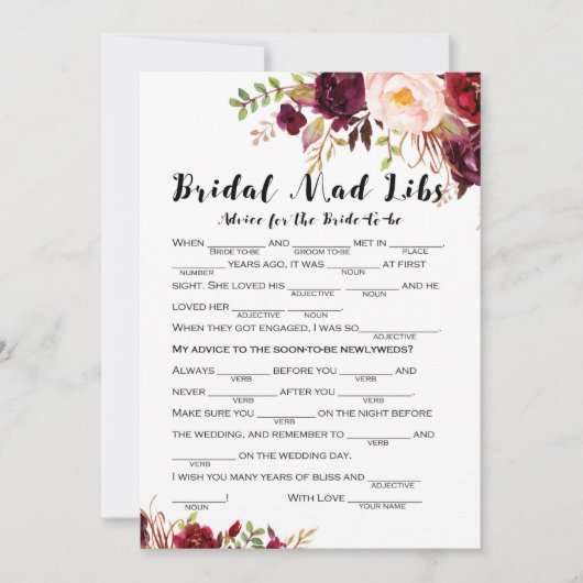 Invitation Boho Floral Bourgogne Fête de l'mariée Game 5x7 (Devant)