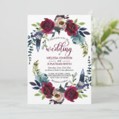 Invitation Boho Floral Bourgogne Merlot Marine Mariage bleu (Debout devant)