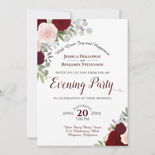 Invitation Boho Floral Bourgogne Rouge & Rose Soirée (Devant)