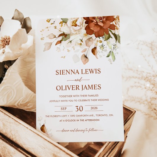 Invitation Boho Floral brûlé Orange Terracotta Mariage