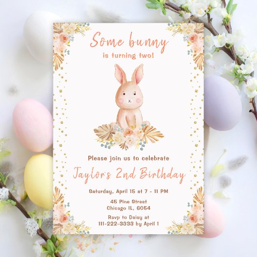 Invitation Boho Floral Bunny Anniversaire