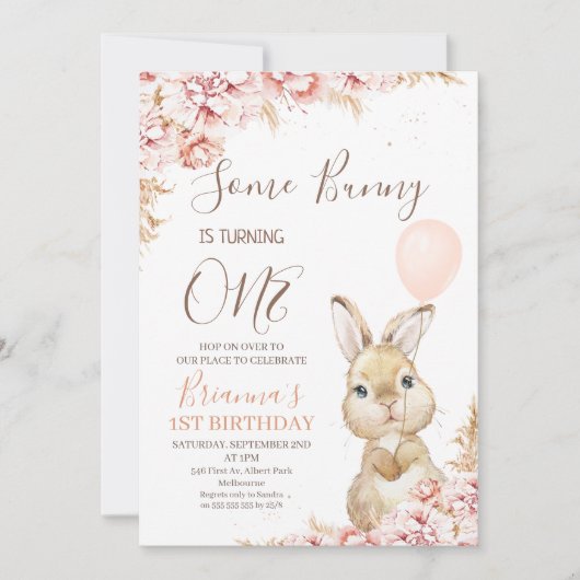 Invitation Boho Floral Bunny Balloon 1er anniversaire Invitat (Devant)