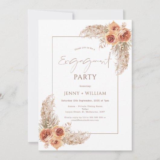 Invitation Boho Floral Bural Orange Pampas Fiançailles en her (Devant)