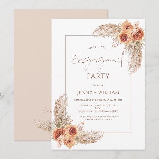 Invitation Boho Floral Bural Orange Pampas Fiançailles en her (Devant / Derrière)