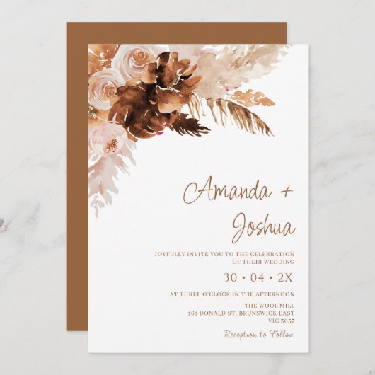 Invitation Boho Floral Bural Orange Pampas Mariage en herbe (Devant / Derrière)