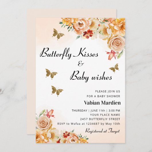 Invitation Boho Floral Butterfly Baisers fille Baby shower (Devant / Derrière)