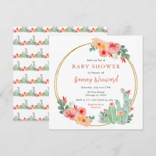 Invitation Boho Floral Cactus Baby Shower (Devant / Derrière)