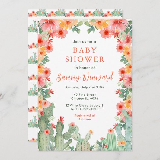 Invitation Boho Floral Cactus Baby Shower (Devant / Derrière)