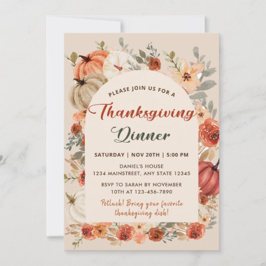 Invitation Boho Floral Citrouille Thanksgiving Dîner (Devant)
