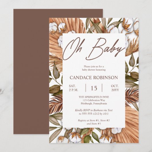 Invitation Boho Floral Coton | Baby shower de graminées séché (Devant / Derrière)