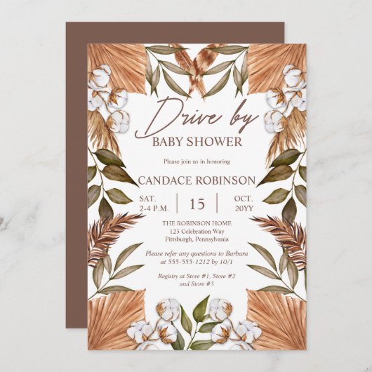 Invitation Boho Floral Coton | Grasses Drive par Baby shower (Devant / Derrière)