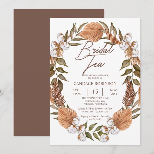 Invitation Boho Floral Coton Grasses séchées Thé nuptiale Dou (Devant / Derrière)