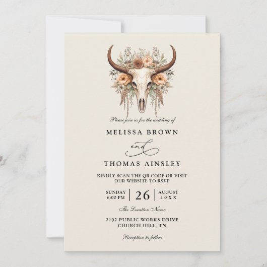 Invitation Boho Floral Cow Skull Western QR Code Wedding (Devant)