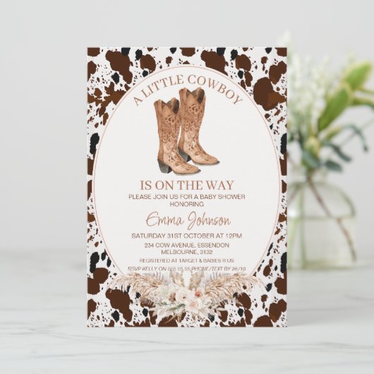 Invitation Boho Floral Cowhal Boots Baby shower (Debout devant)