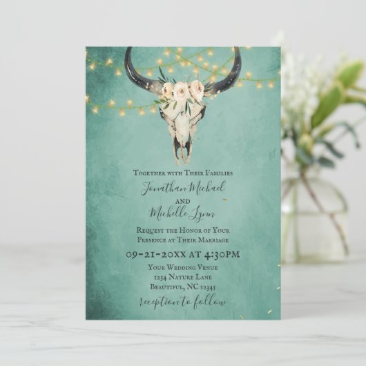 Invitation Boho Floral Crâne, String Lights Turquoise Mariage (Debout devant)