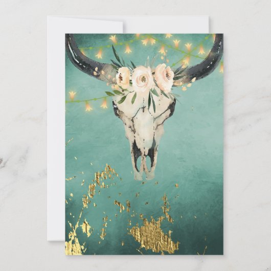 Invitation Boho Floral Crâne, String Lights Turquoise Mariage (Dos)