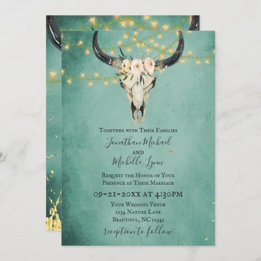 Invitation Boho Floral Crâne, String Lights Turquoise Mariage (Devant / Derrière)