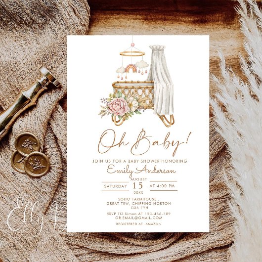 Invitation Boho Floral Crib Bassinet Nursery Baby shower