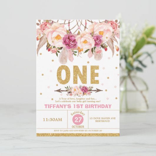 Invitation Boho Floral Dream Catcher 1ère fille tribale anniv (Debout devant)