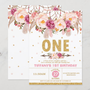 Invitation Boho Floral Dream Catcher 1ère fille tribale anniv