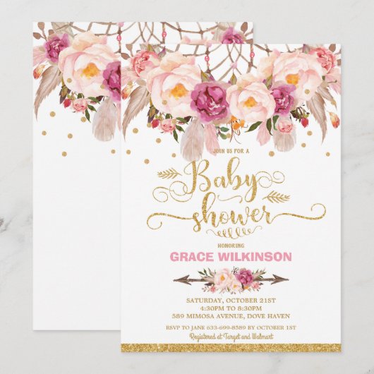 Invitation Boho Floral Dream Catcher Baby shower Girl (Devant / Derrière)