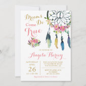 Invitation Boho Floral Dream Catcher Baby shower rose et or (Devant)