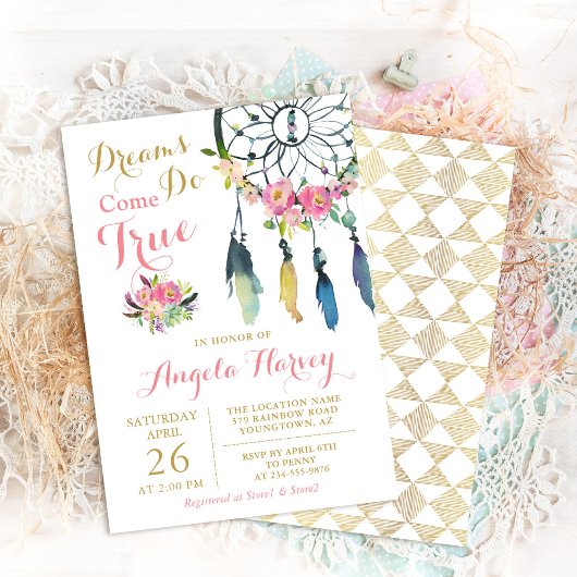 Invitation Boho Floral Dream Catcher Baby shower rose et or