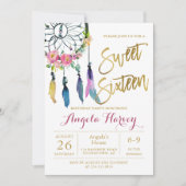 Invitation Boho Floral Dream Catcher Gold Sweet 16 Anniversai (Devant)
