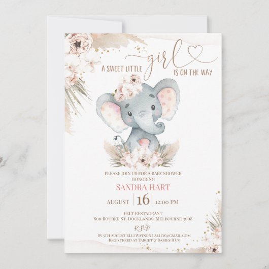 Invitation Boho Floral Elephant Baby Girl Baby shower (Devant)