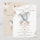 Invitation Boho Floral Elephant Baby Girl Baby shower (Devant / Derrière)