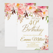 Invitation Boho Floral et Gold Surprise 40e anniversaire (Devant / Derrière)