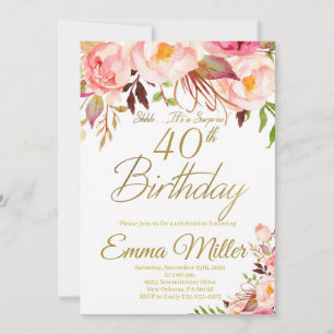 Invitation Boho Floral et Gold Surprise 40e anniversaire